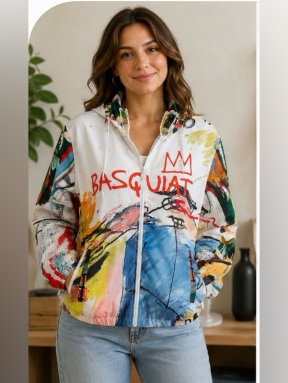 Members Only Jean-Michel Basquiat Windbreaker Art Graffiti Jacket, Large NWOT